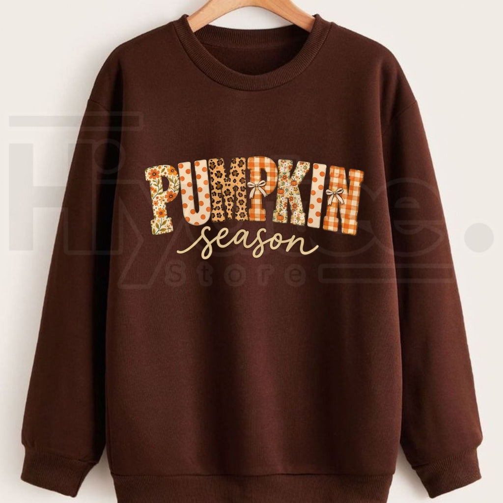 Pumpkin Season Sweatshirt – Fall Patchwork Graphic Crewneck, Cute Autumn Harvest Sweater
