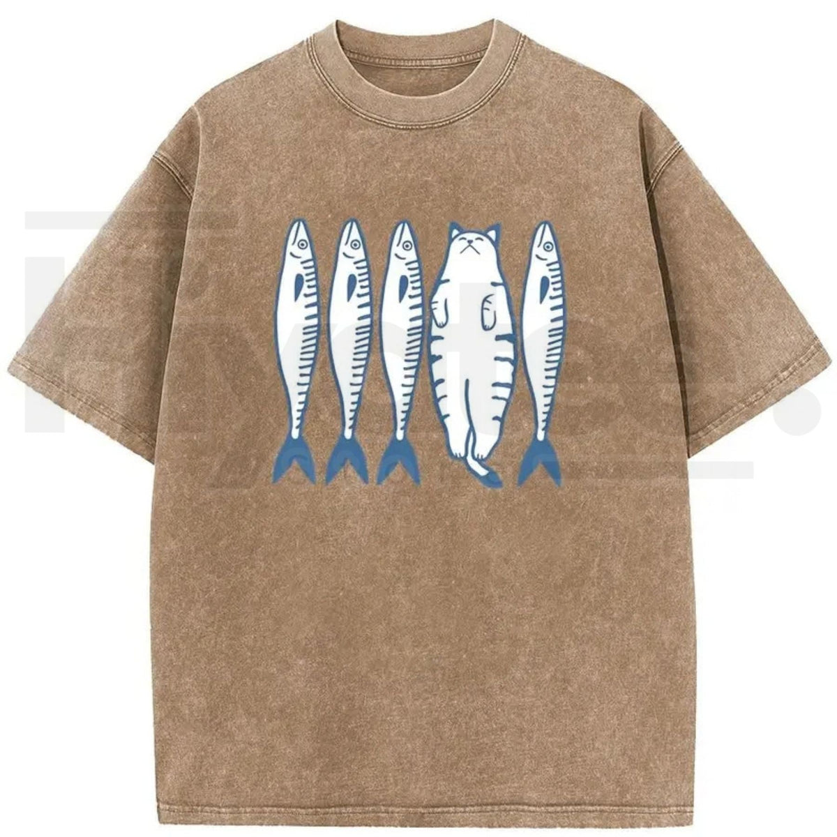Holafish Cat & Fish Cartoon Vintage Acid Wash T-Shirt – Loose Drop Shoulder Pure Cotton Summer Tee