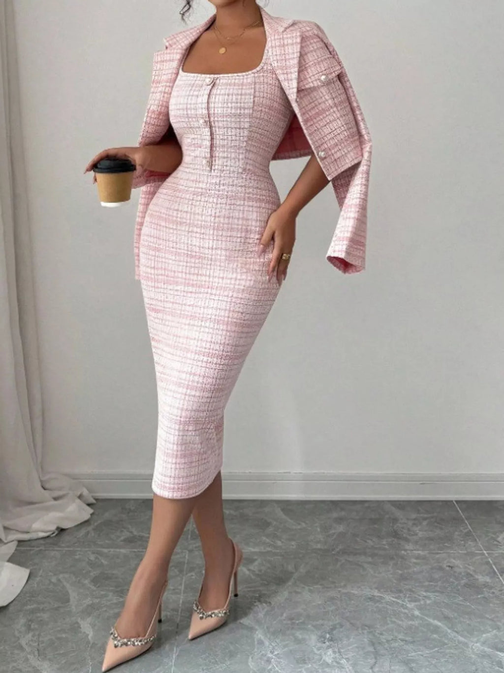 Tweed Square Neck Dress and Cardigan Set