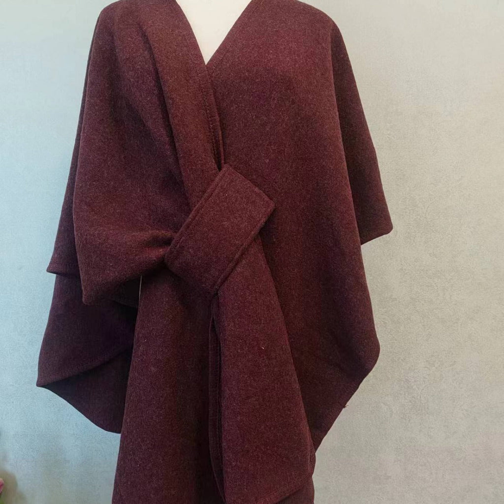 Faux Fur Collar Pom Pom Knitted Cardigan Cape - Women's Warm Winter Shawl Wrap Coat