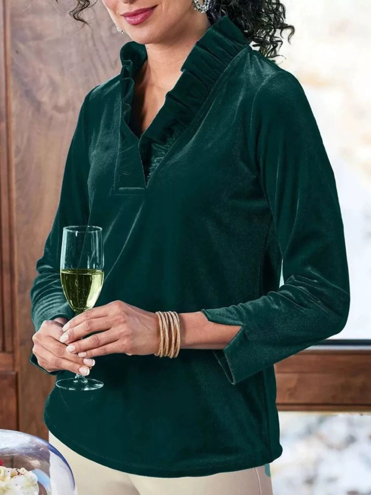 Velvet Long Sleeve Blouse with Ruffled V-Neck