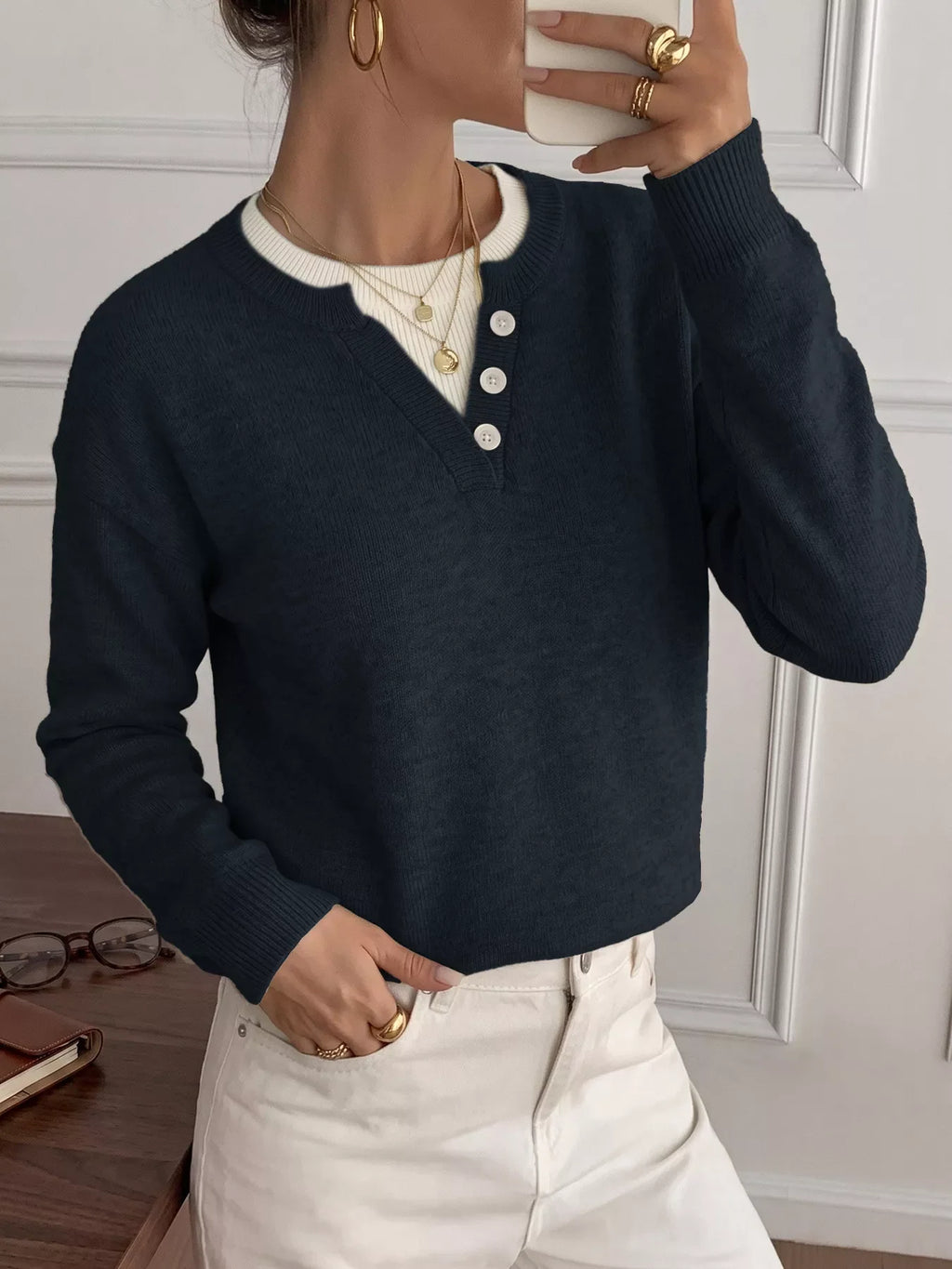 Dropped Shoulder Decorative Button Sweater