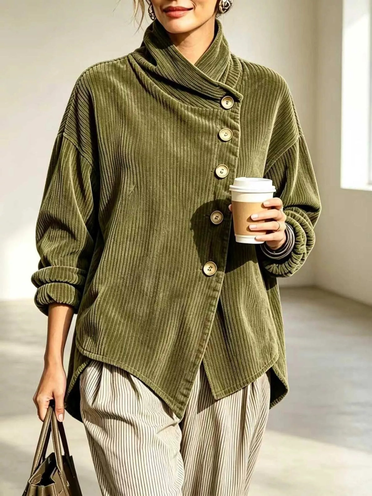 Asymmetric Button-Up Corduroy Jacket