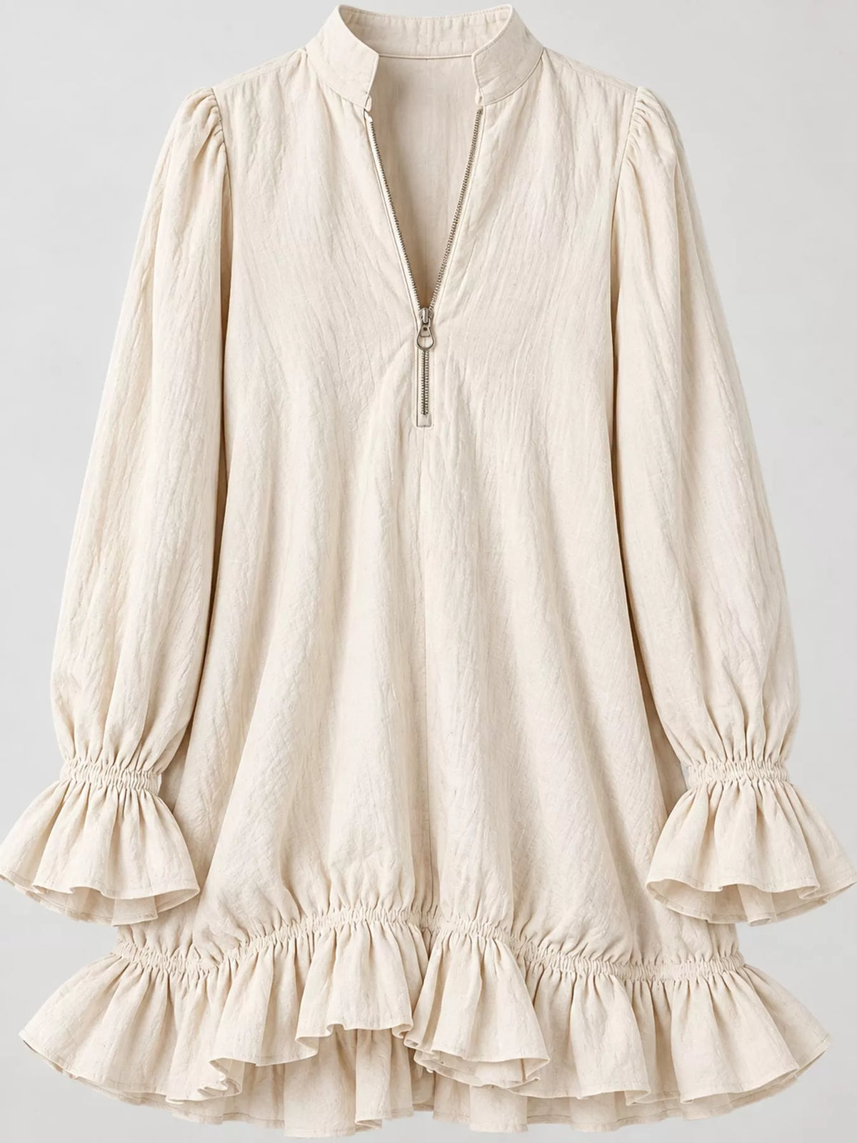 Zipper-Front Ruffle Hem Mini Dress