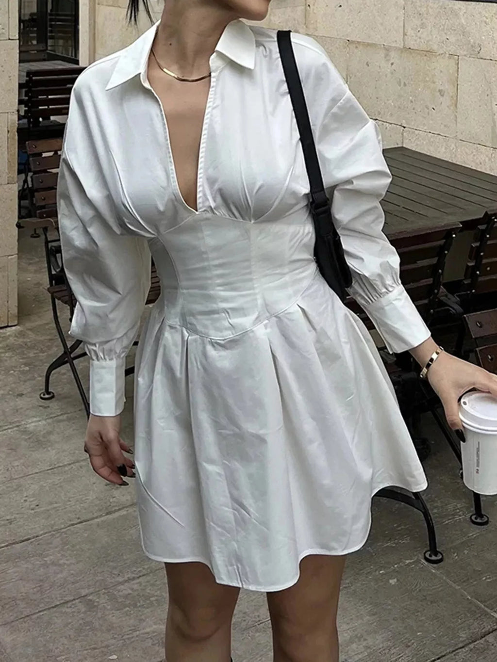 Collared Neck Lantern Sleeve Mini Dress