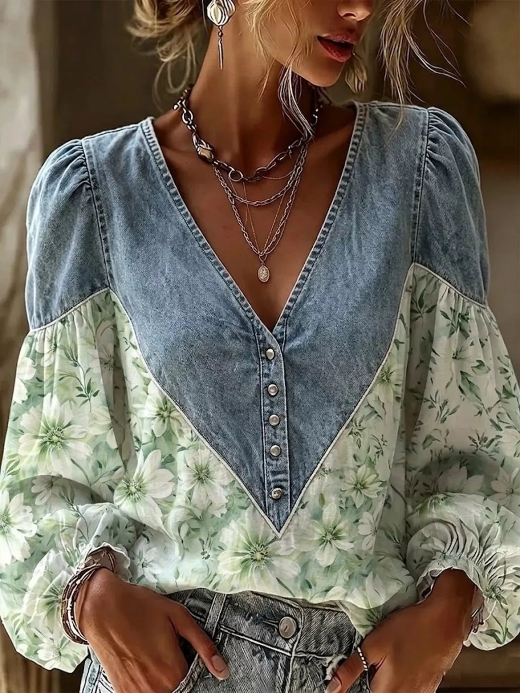 Full Size Denim Patchwork Floral Denim Top Plus Size