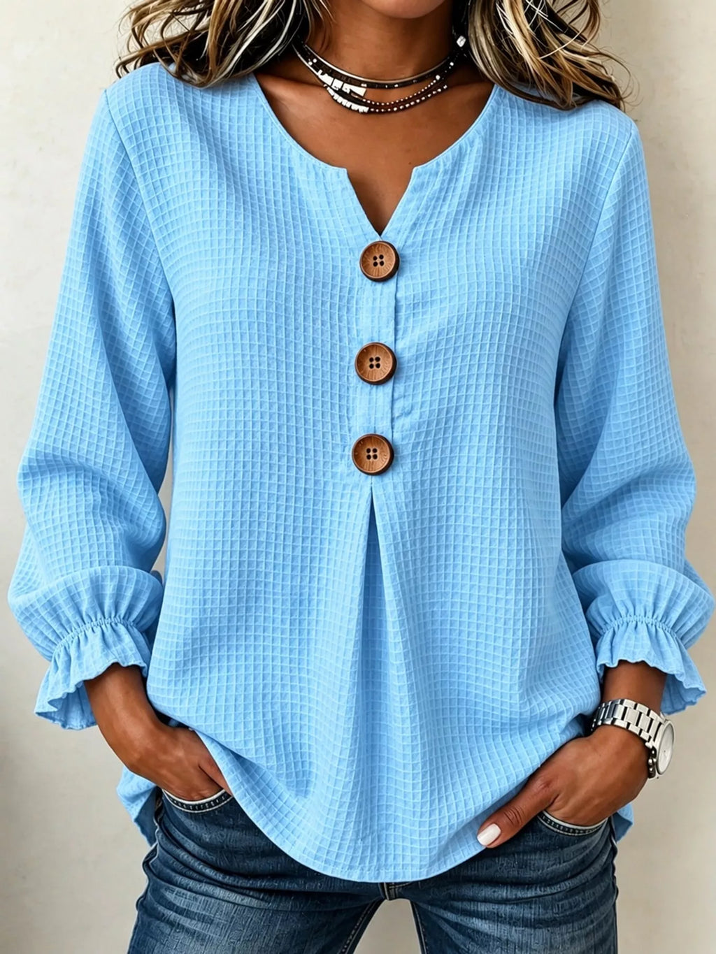 Full Size Waffle Knit Flounce Sleeve Blouse Plus Size