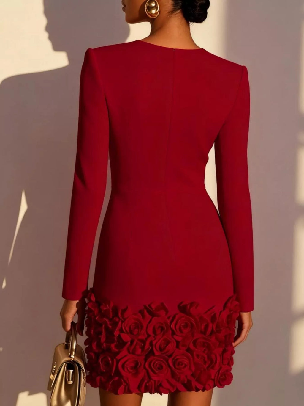 V-Neck Long Sleeve Mini Dress with 3D Rose Floral Hem