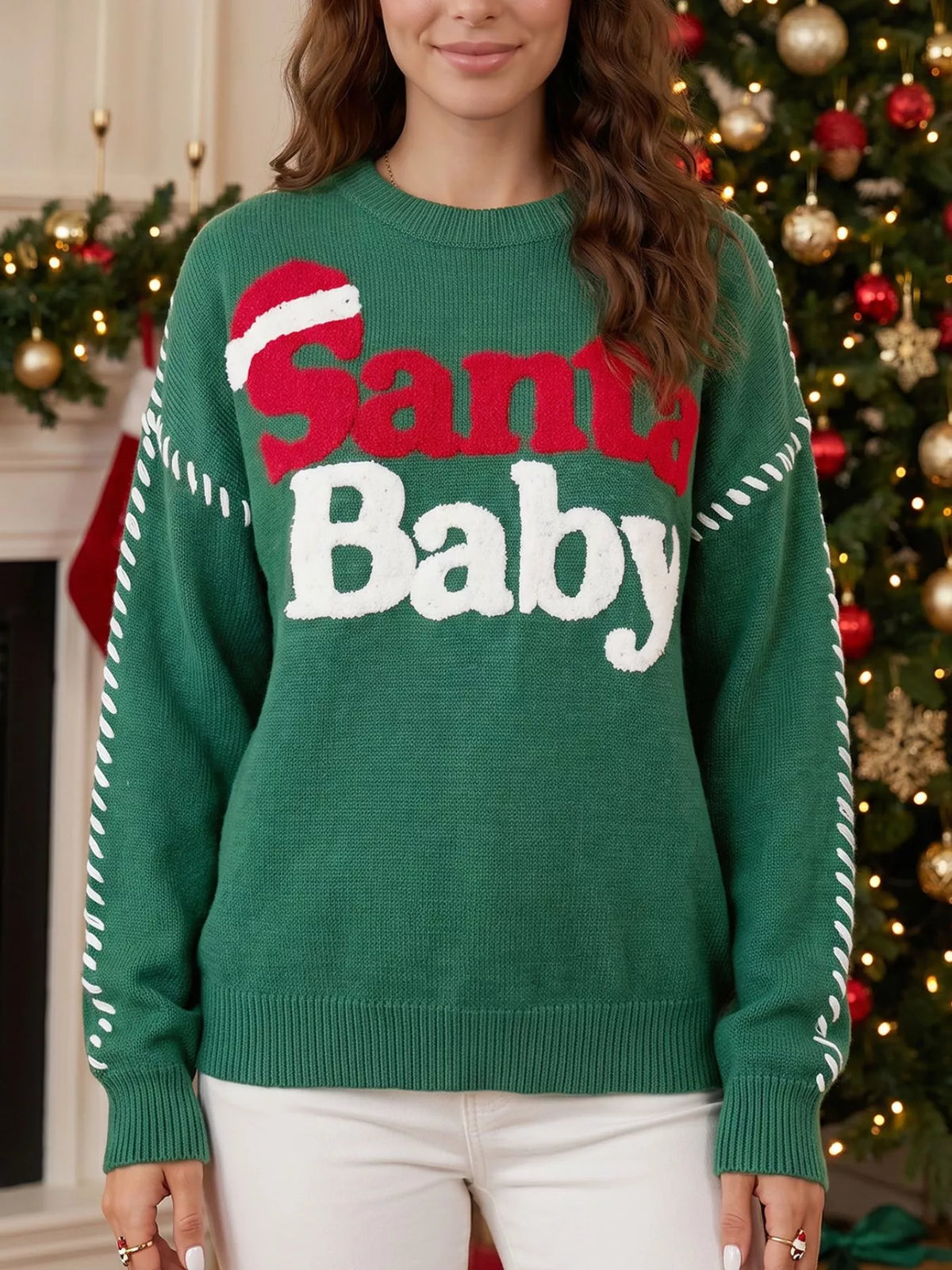 Santa Baby Towel Embroidery Christmas Slogan Pullover Sweater