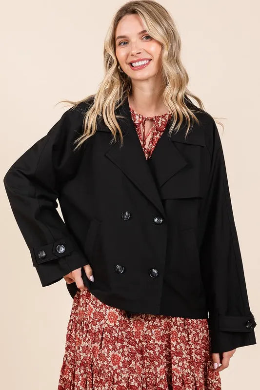 Double Breasted Long Sleeve Trench Coat – Black Floral