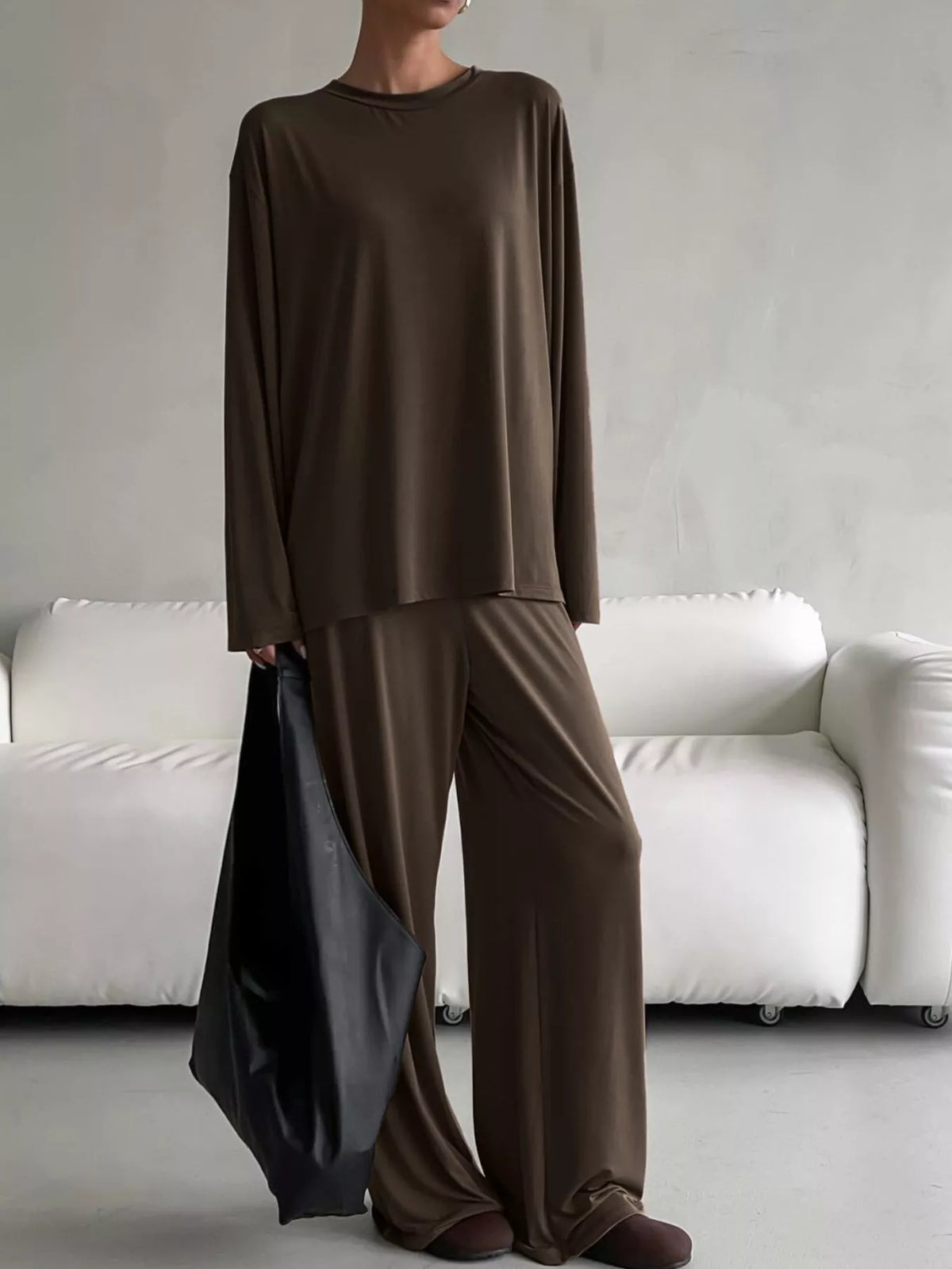 Solid Color Long Sleeve Top and Pants Set