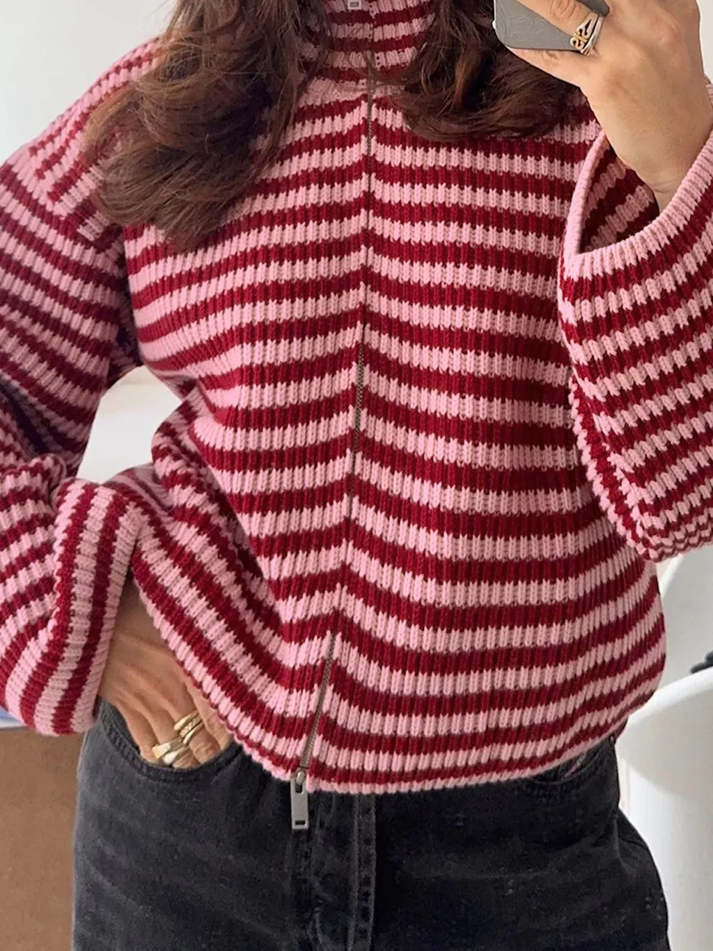 Striped High Neck Zip-up Sweater Long Sleeve Casual Fit Drop Shoulder Open Front Cardigan