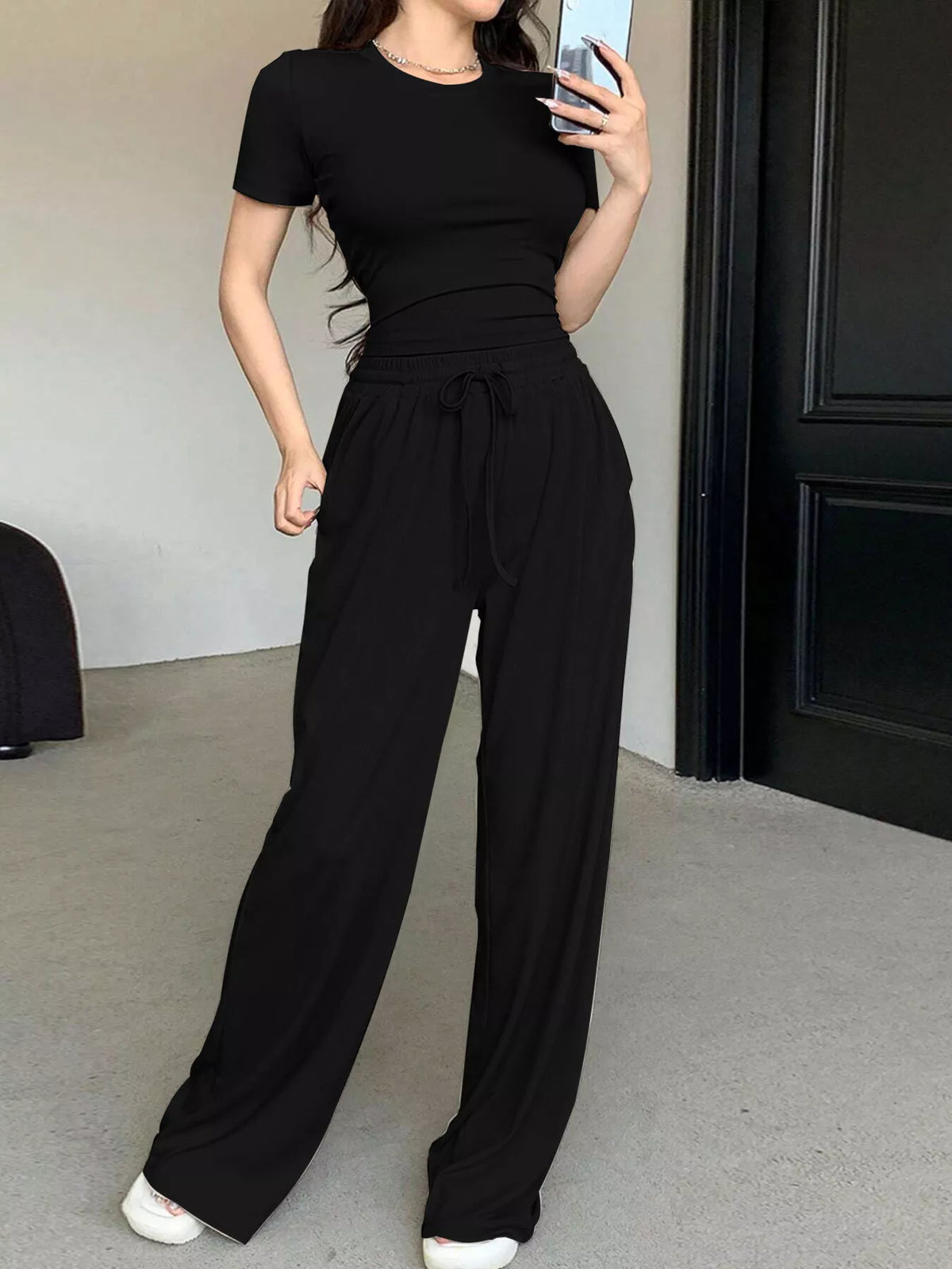 Solid Color Short Sleeve Crop Top and Wide Leg Pants Set