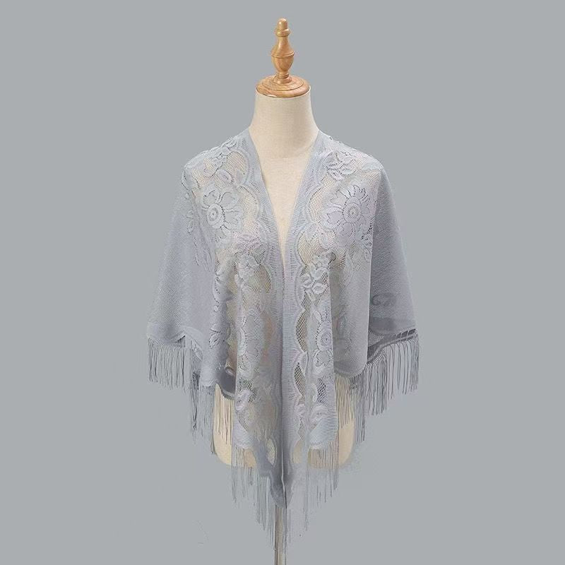 Womens Breathable Lace Triangle Shawl With Floral Design