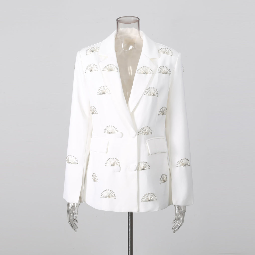 Rhinestone Fan Motif Double Breasted Notched Lapel Tailored Blazer Jacket