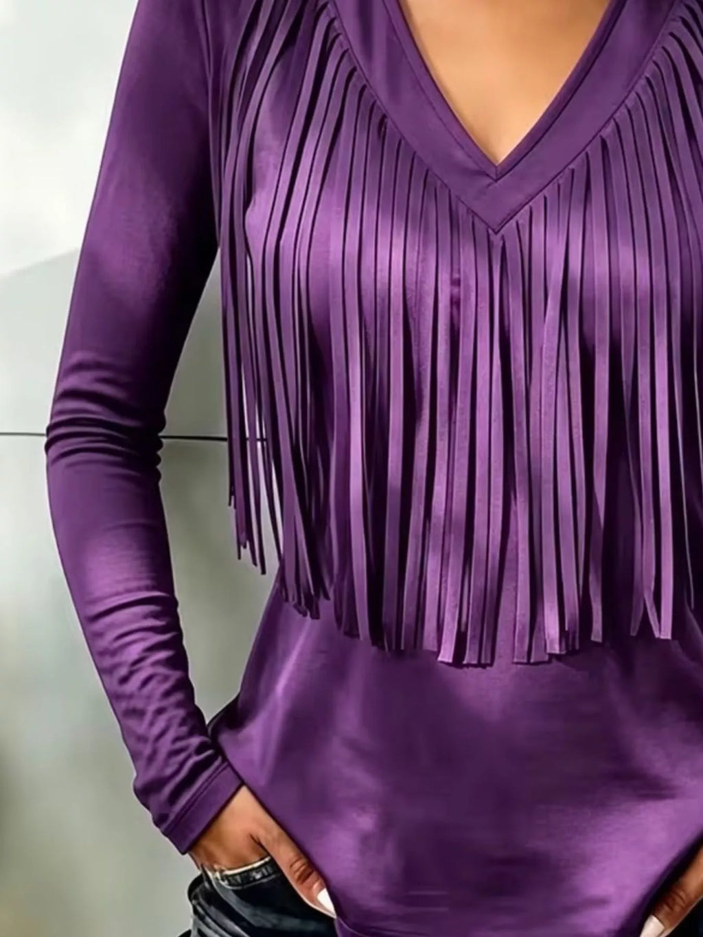 Fringe V-Neck Long Sleeve T-Shirt