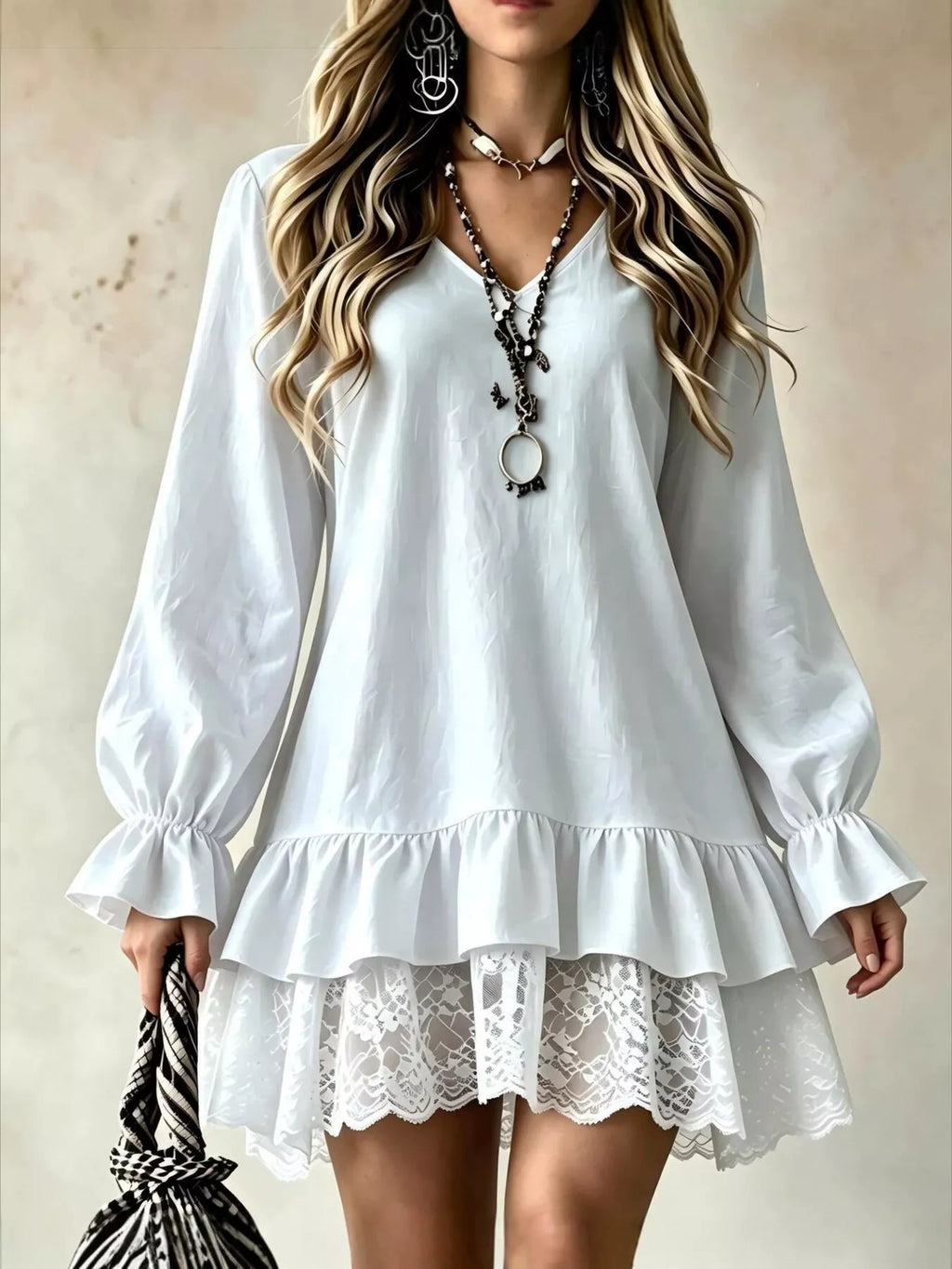V-Neck Long Sleeve Ruffle Hem Lace Detail Dress