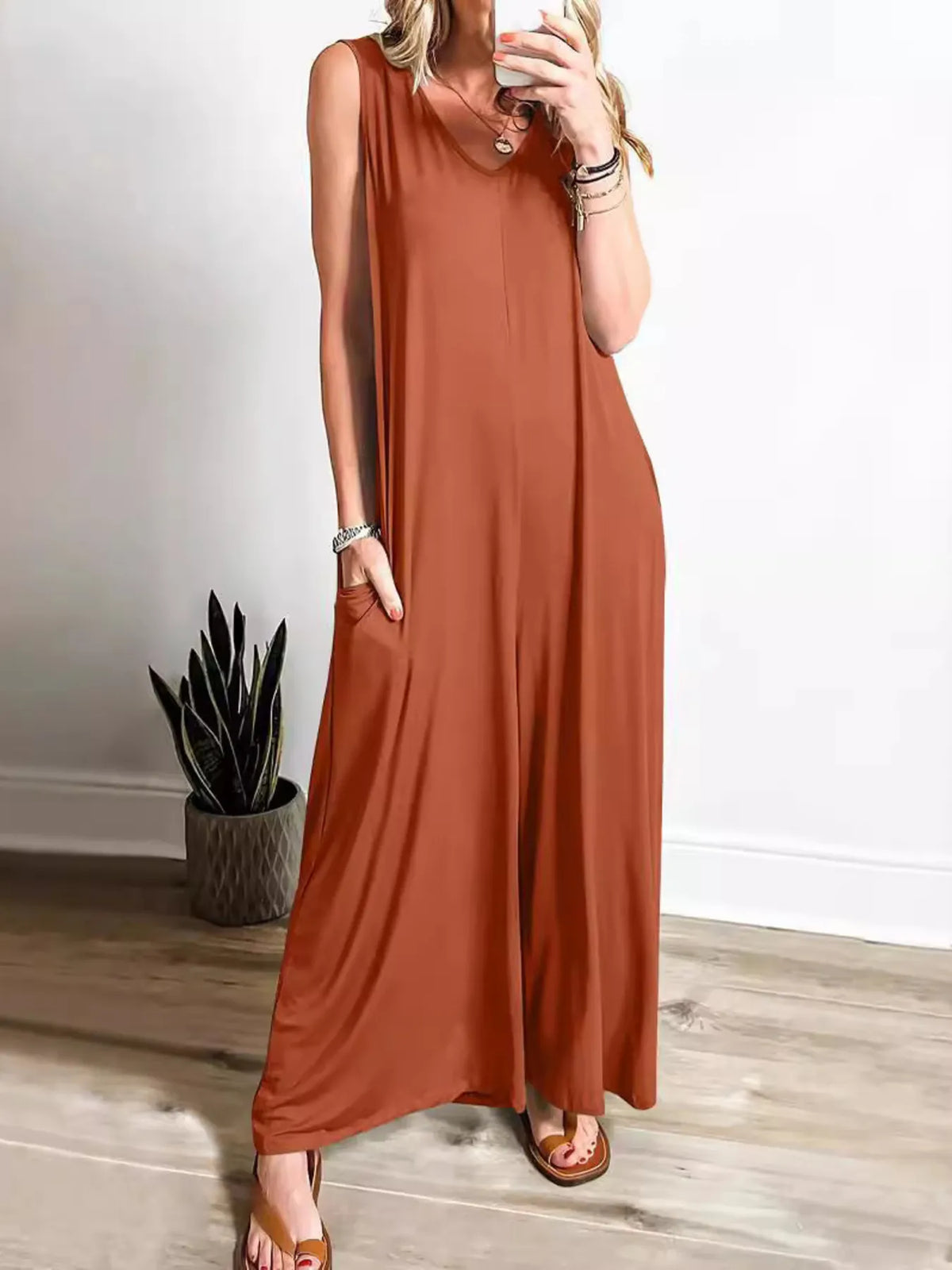 Sleeveless V-Neck Jumpsuit with Pockets