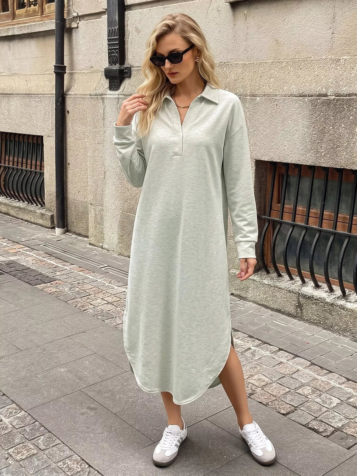 Polo Collar Long Sleeve Midi Dress