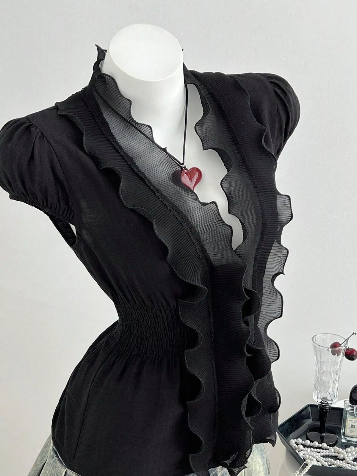 Ruffled V-Neck Blouse with Smocked Waist