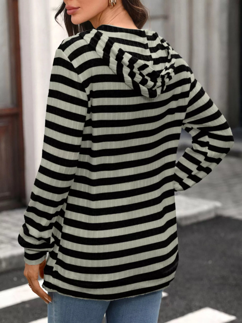 Casual Striped Ribbed Knit Hoodie with Kangaroo Pocket