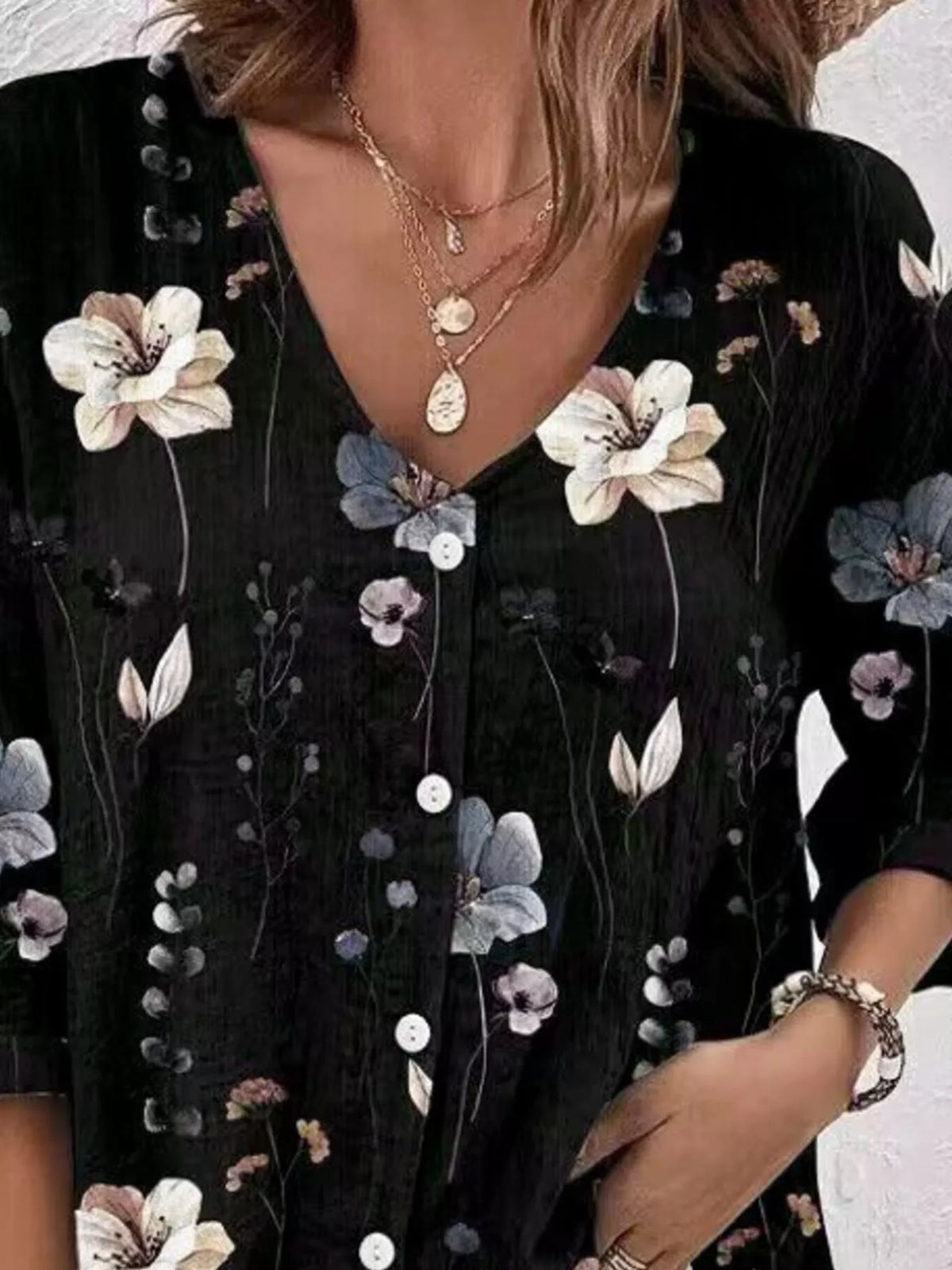 Floral Print V-Neck Button-Down Shirt