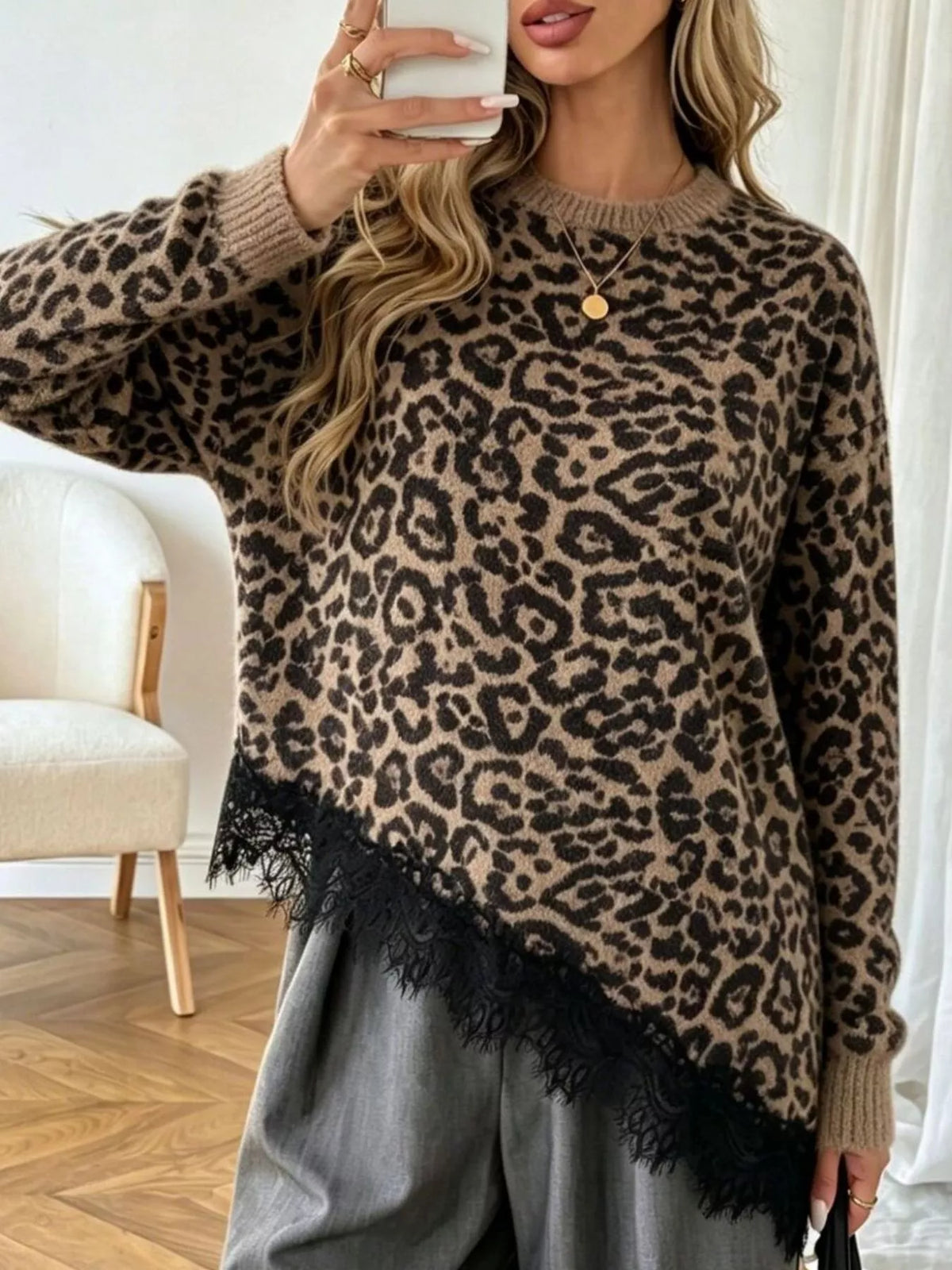 Round Neck Sweater with Asymmetric Lace Hem