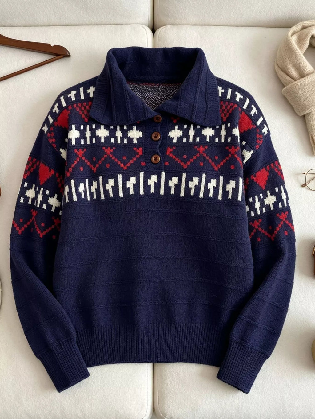 Vintage-Inspired Fair Isle Patterned Polo Sweater