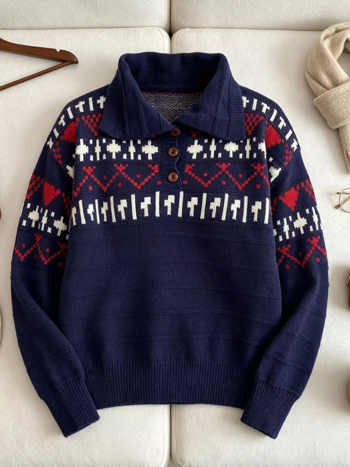 Vintage-Inspired Fair Isle Patterned Polo Sweater