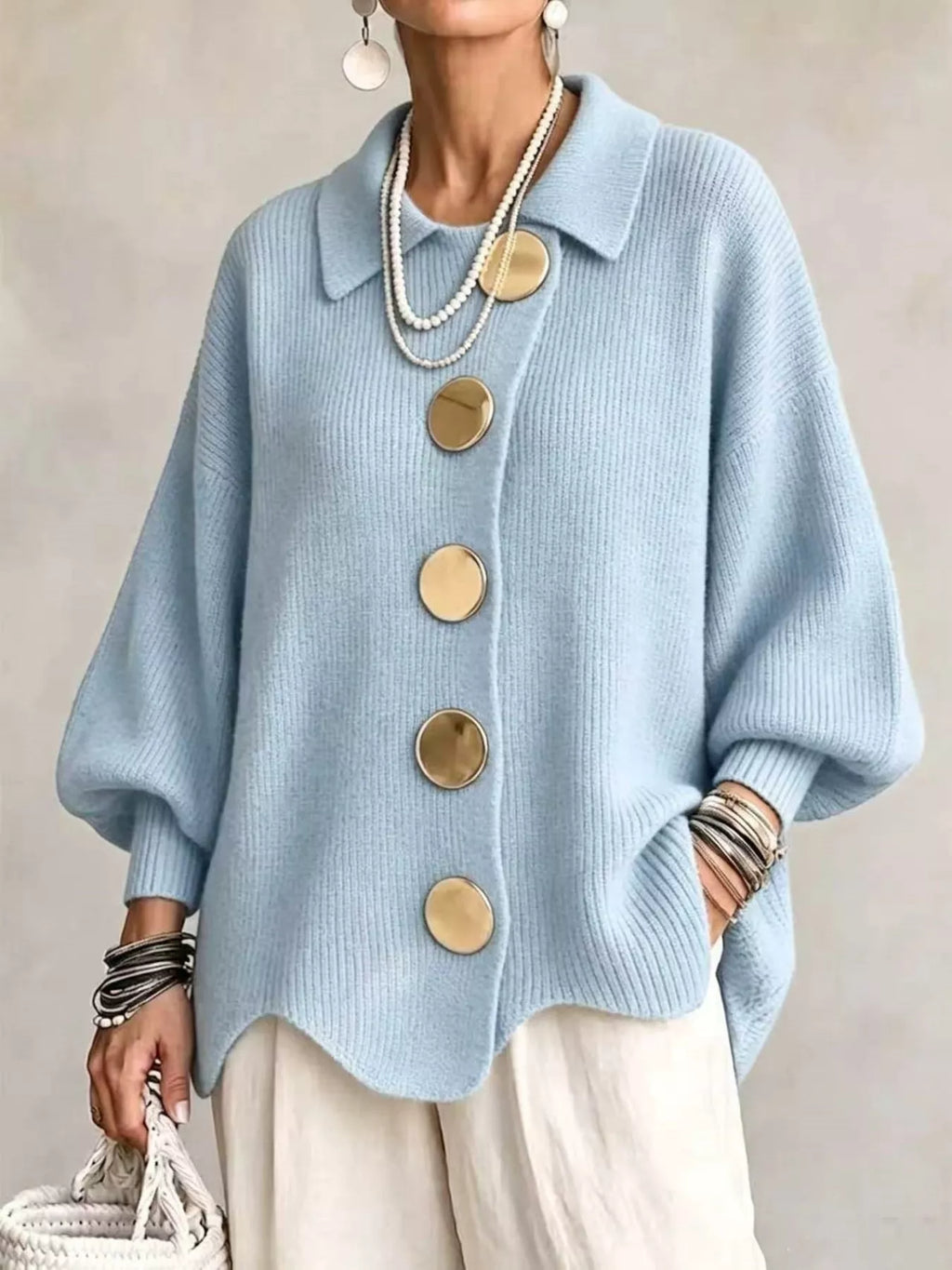 Full Size Ribbed Knit Gold Buttons Cardigan Plus Size