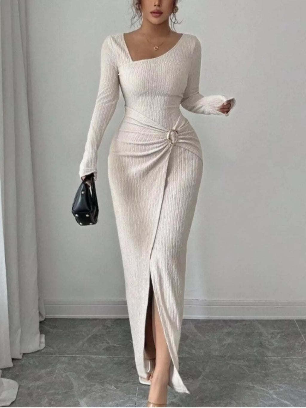 Slit Asymmetrical Neck Ribbed Maxi Dress