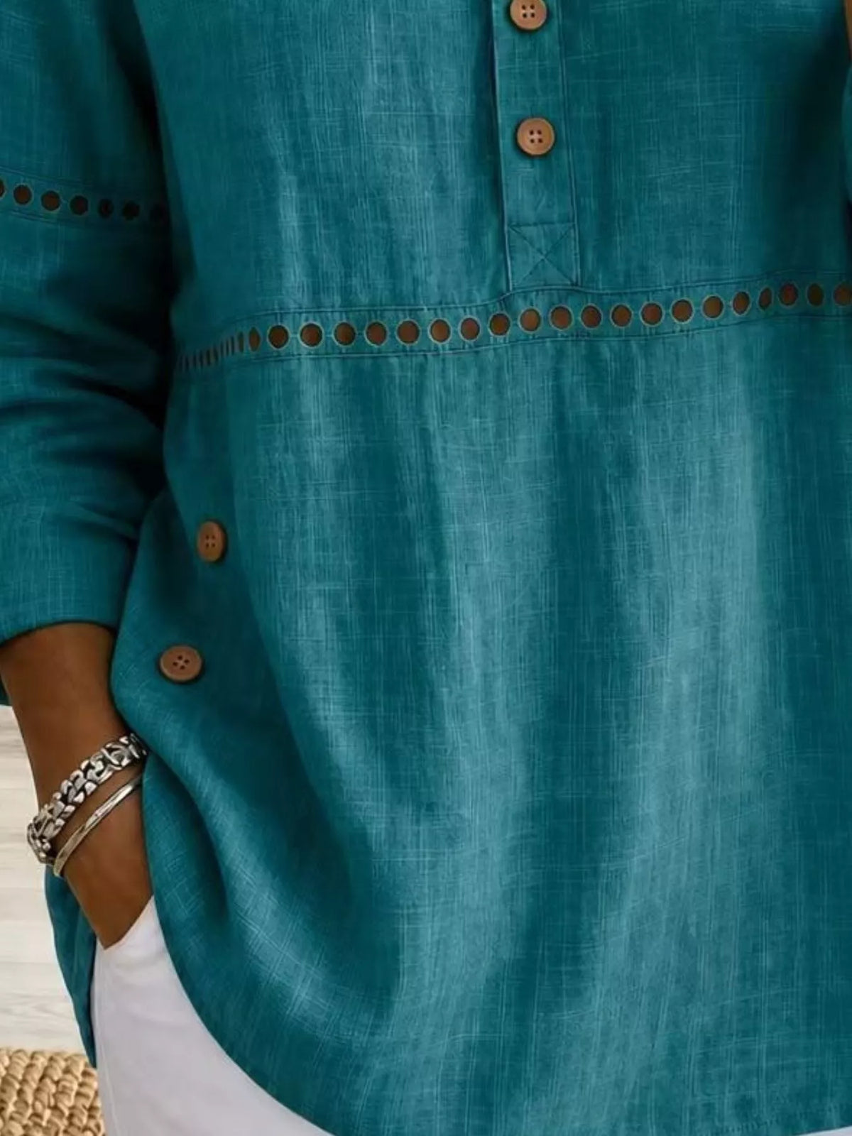 Full Size Button Detail Eyelet Long Sleeve Blouse Plus Size