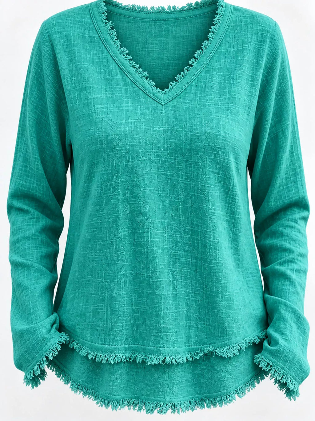 Full Size Frayed Hem V-Neck Long Sleeve Blouse Plus Size