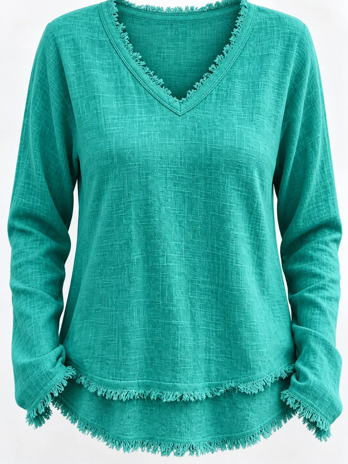 Full Size Frayed Hem V-Neck Long Sleeve Blouse Plus Size