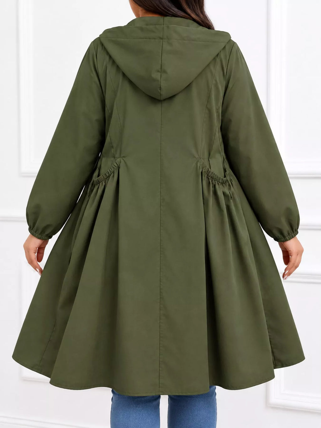 Plus Size Hooded Zip-Up Longline Windbreaker Outerwear