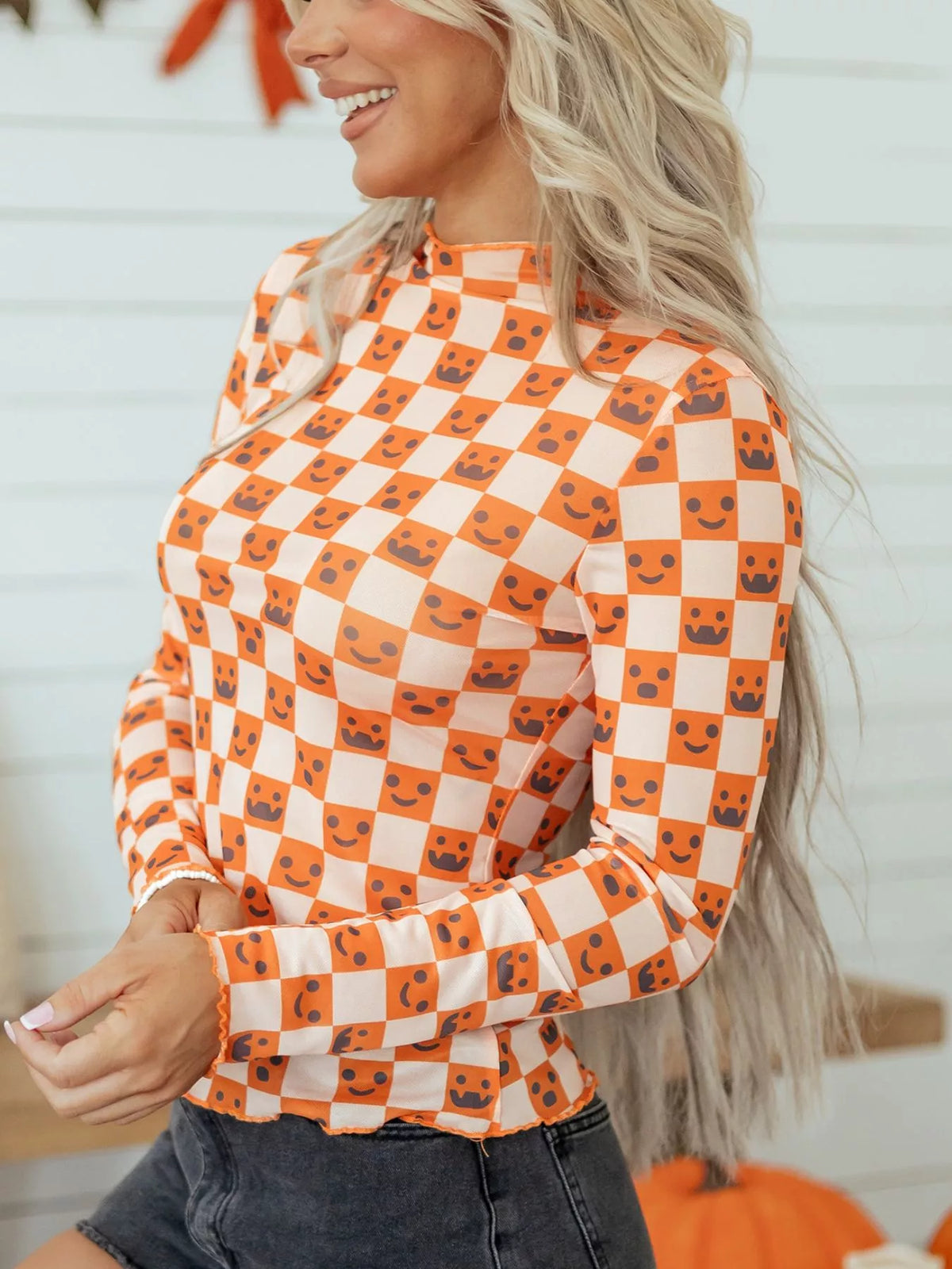 Abstract Halloween Pattern Long Sleeve Mock Neck Blouse