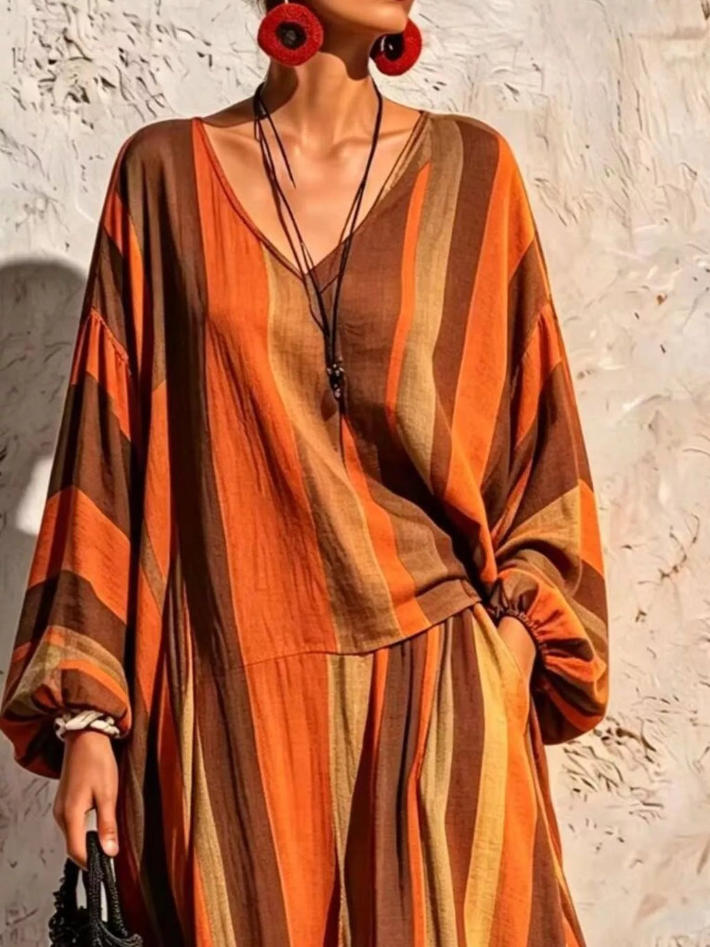 Bohemian Striped V-Neck Loose Top and Wide Leg Pants Set