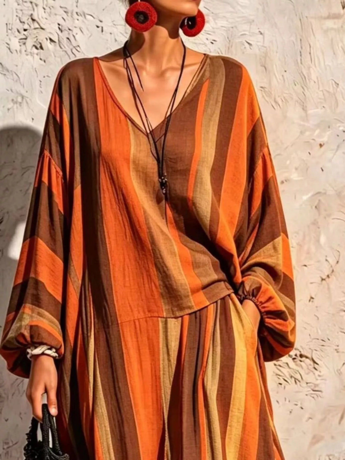 Bohemian Striped V-Neck Loose Top and Wide Leg Pants Set