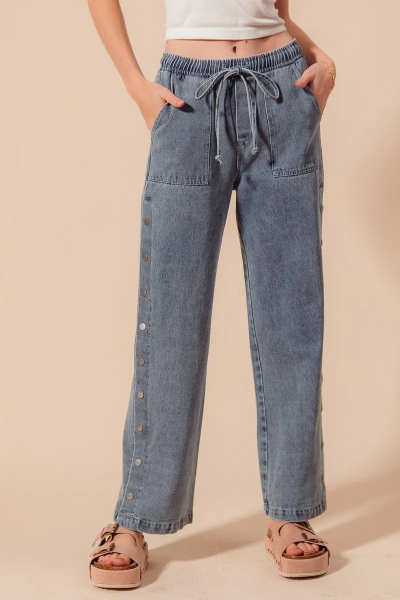 SO ME Mid Rise Drawstring Jeans with Side Snap Button