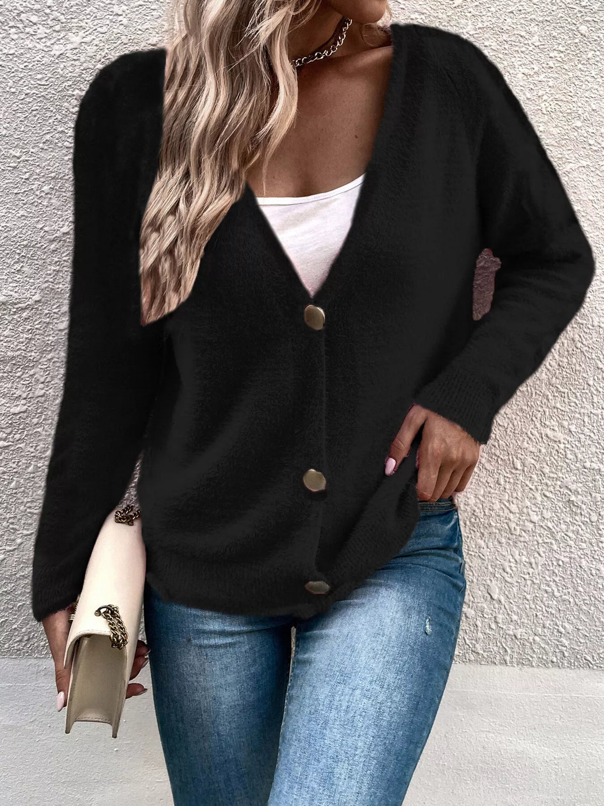 Soft Fuzzy V-Neck Button-Down Cardigan