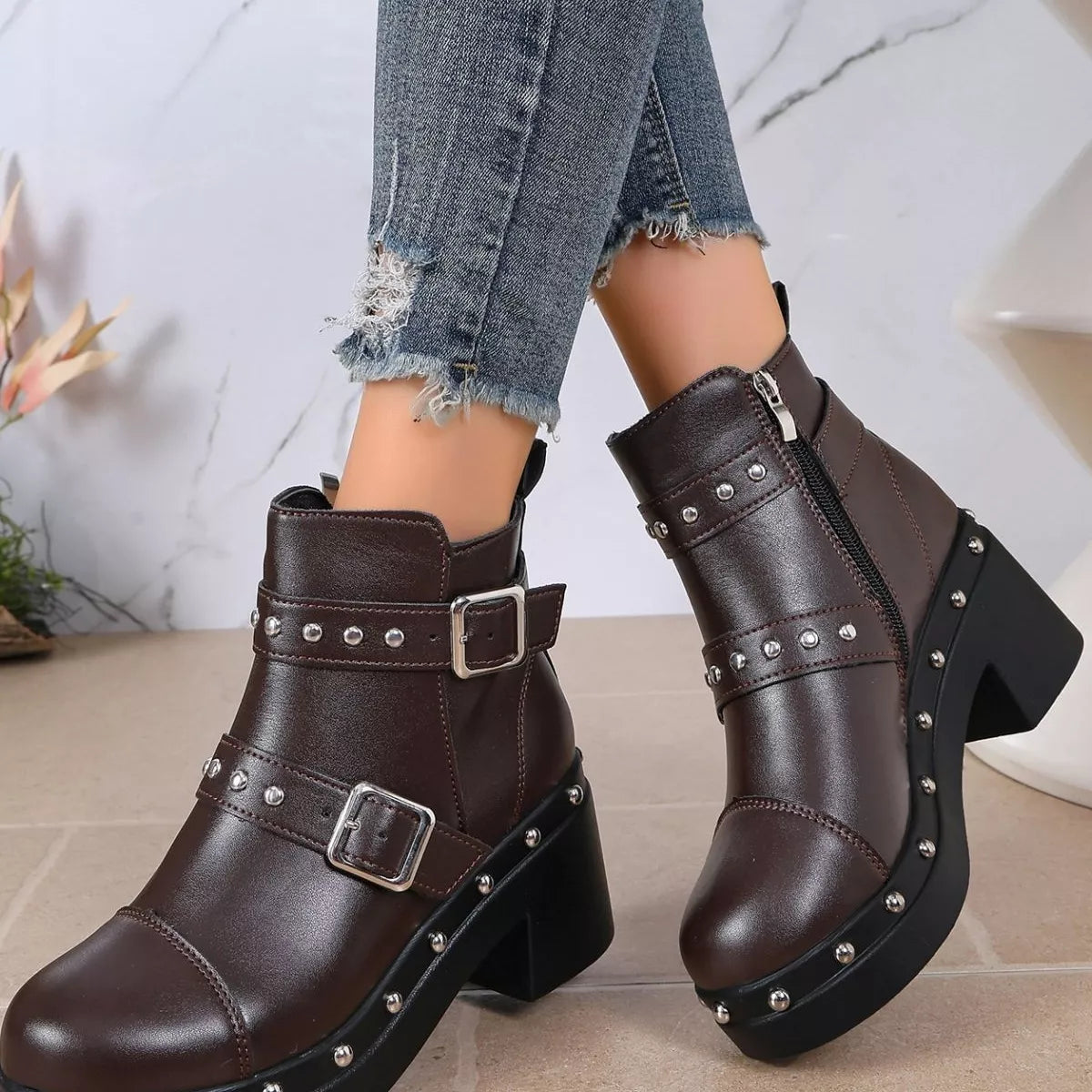 Round Toe Block Heels Boots