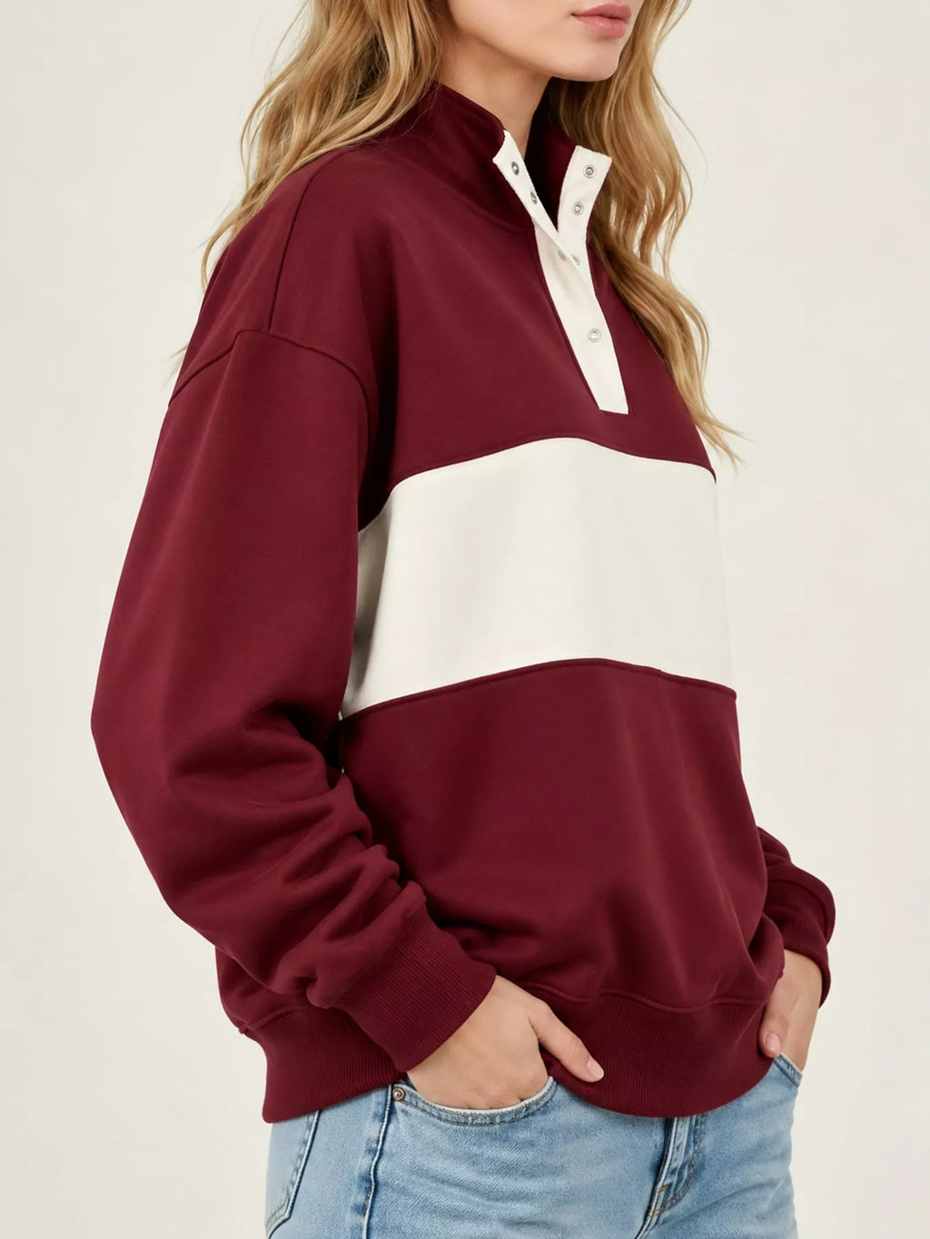 Full Size Color Block Snap-Button Sweatshirt Plus Size