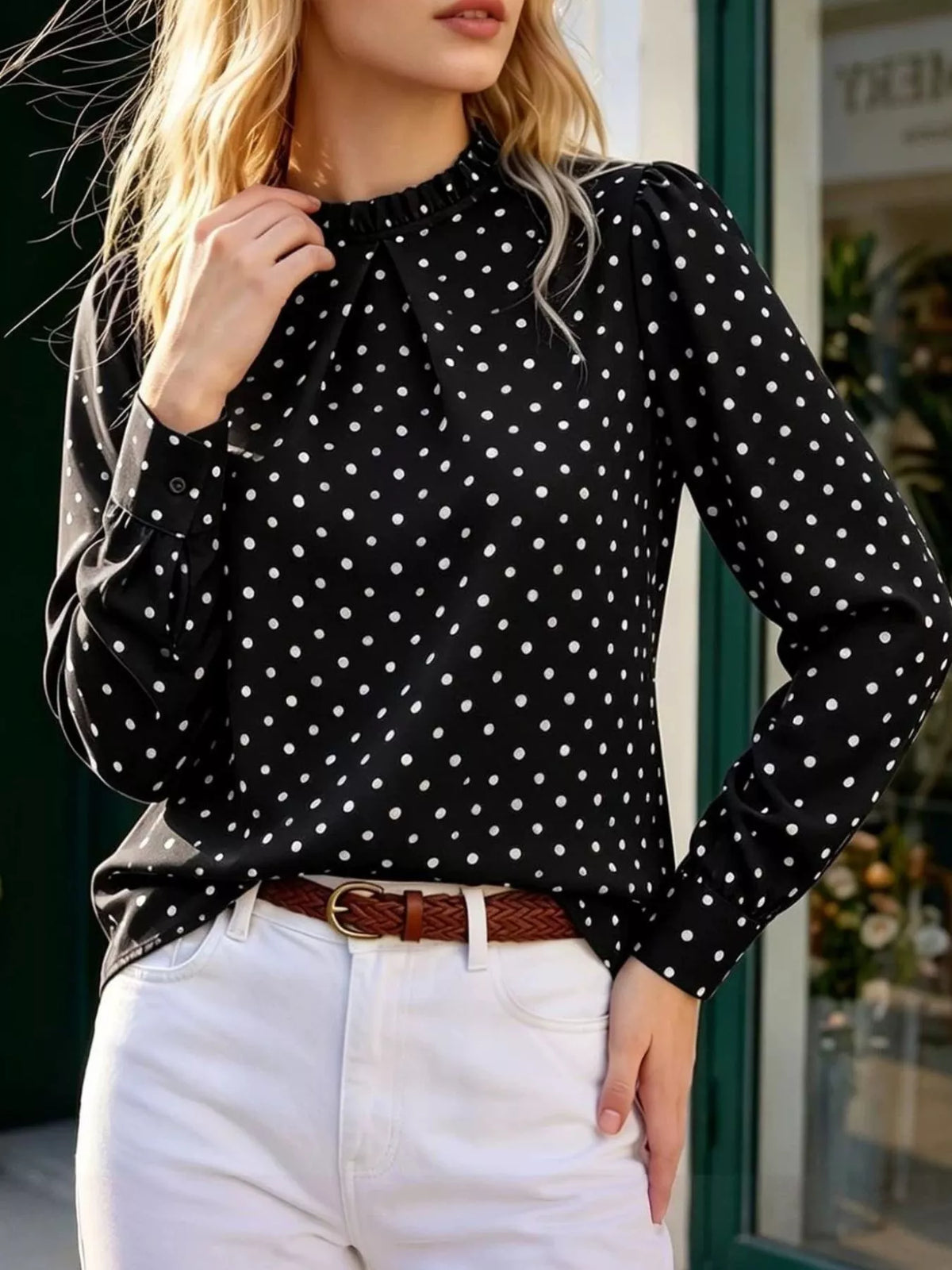 Elegant Polka Dot Print Mock Neck Long Sleeve Blouse