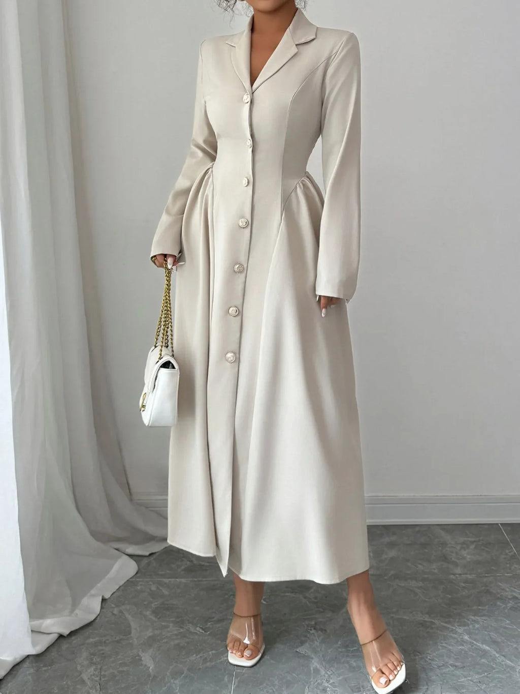 Button-Front Long Sleeve Dress