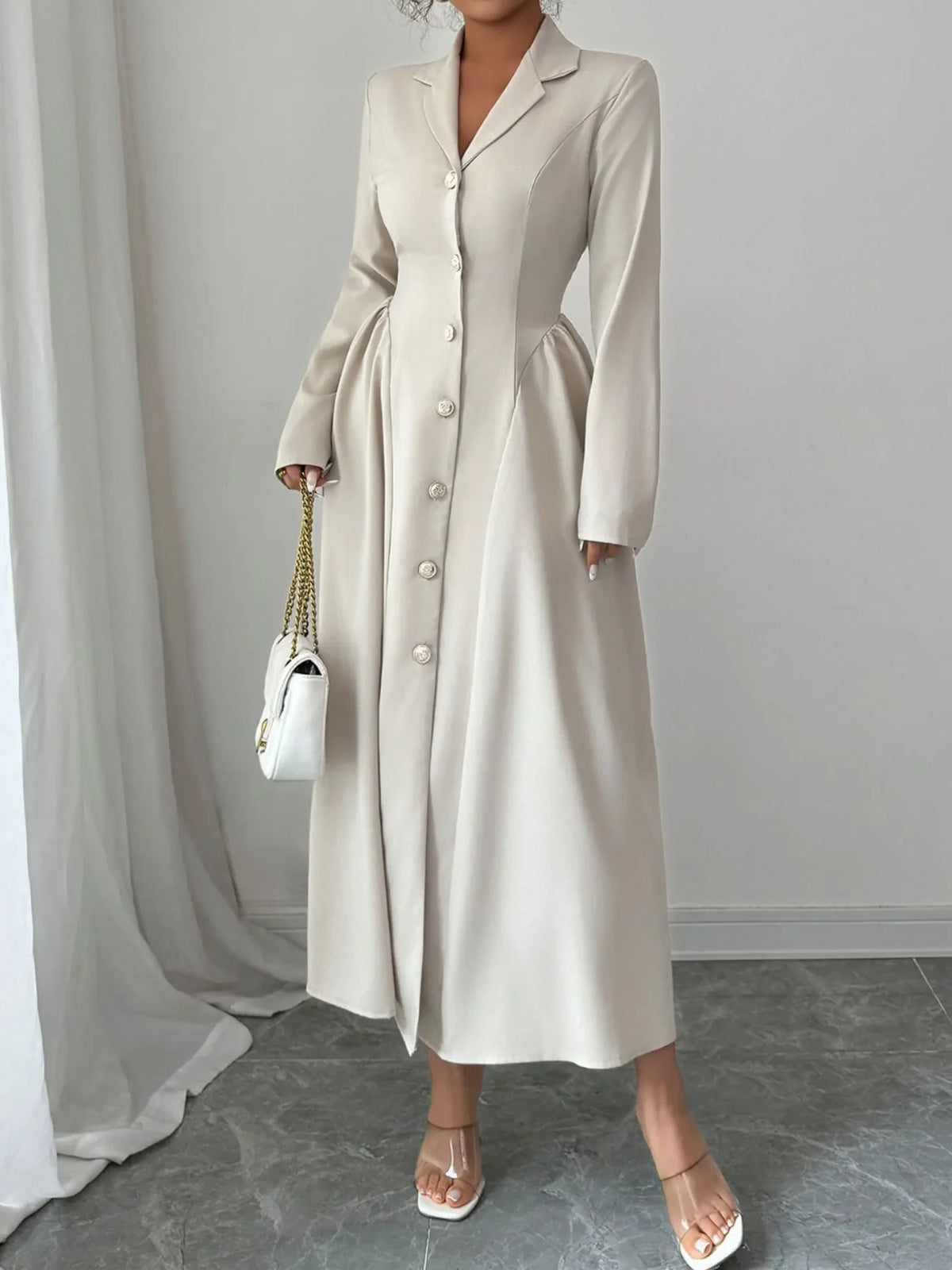 Button-Front Long Sleeve Dress