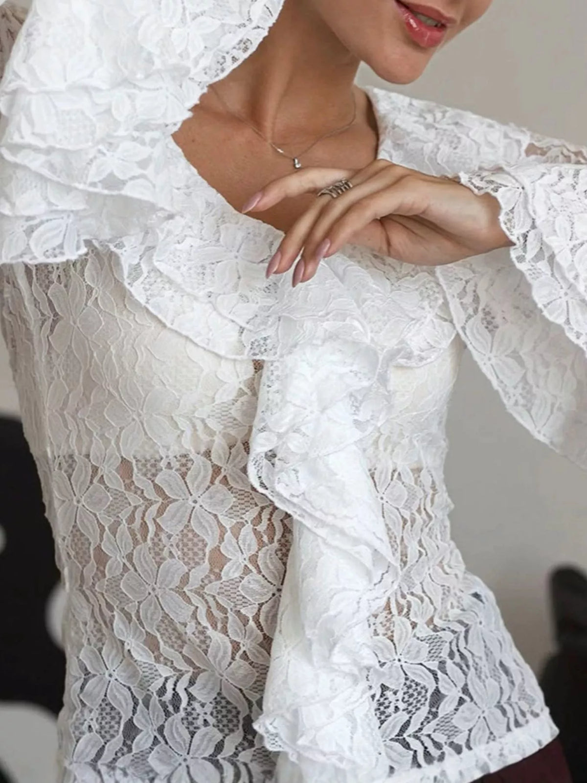 Lace V-Neck Flare Sleeve Blouse