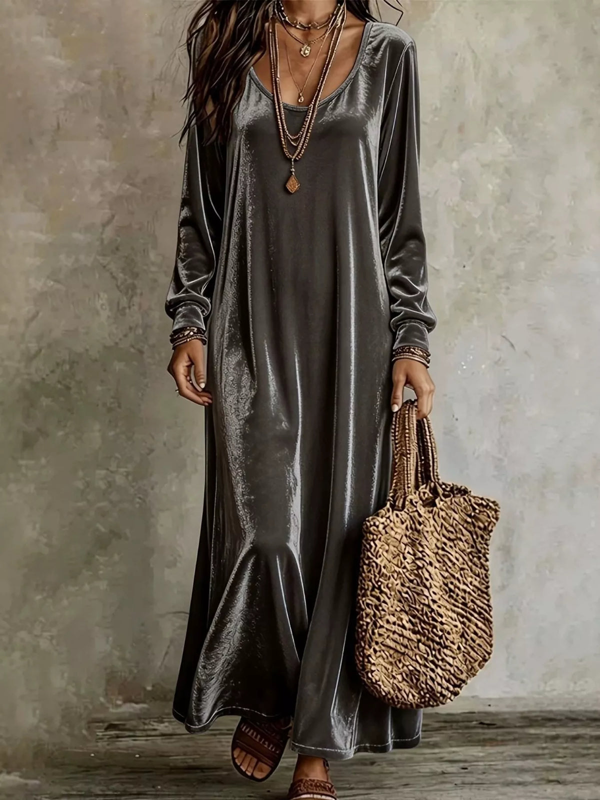 Velvet Long-Sleeve Maxi Dress
