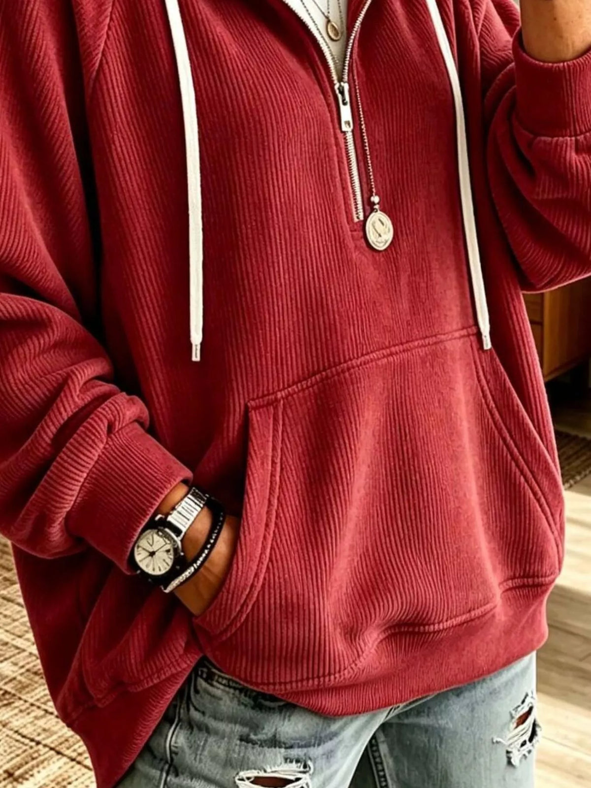 Ribbed Knit Quarter-Zip Hoodie with Kangaroo Pocket