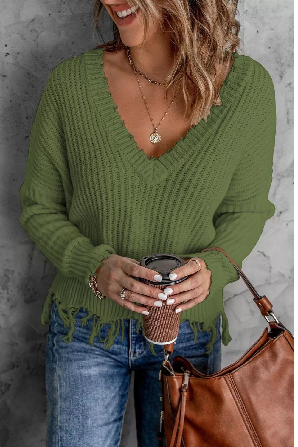 Full Size Raw Hem V-Neck Sweater Plus Size