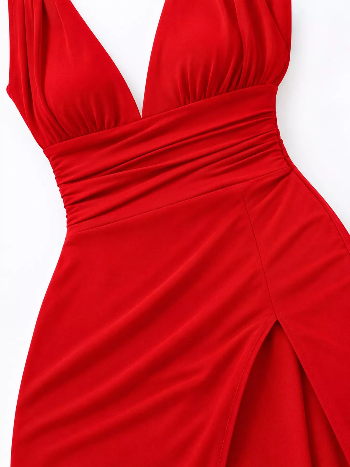 Sleeveless Deep V-Neck Ruched High Slit Bodycon Dress